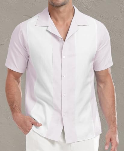 Askdeer Camisas masculinas de linho de manga curta com botões, casual, férias, praia, verão, B10 Ros