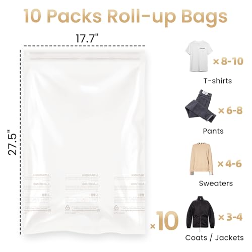 Image of TAILI 10 Pack Travel Compression Bags, Roll Up Space Saver Bags (23.6x15.7 inch),Hand Roll Packing Bags for Luggage, Suitcase, Backpack, No Tools or Vacuum Needed, Travel Accessories, Cream