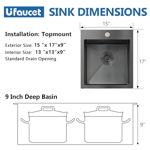 Image of 15 Inch Drop In Bar Sink, Gunmetal Black 15x17x9 Topmount Stainless Steel Single Bowl Wet Bar Prep RV Outdoor Small Kitchen Sinks 16 Guage with Drain