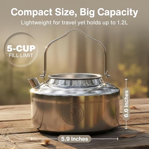 Image of Camping Kettle for Boiling Water 1.2L | Stainless Steel Open Fire Coffee & Tea Pots | 5-Cup Water Kettles| Travel Tea Kettle for Outdoor Cooking & Backpacking