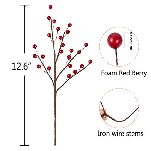 Falflor 20Pcs Red Berry Stems 12.6" Christmas Berry Artificial Flowers Realistic Berry Picks For Christmas Tree Diy Wreath Table Garland Decoration #TOP1