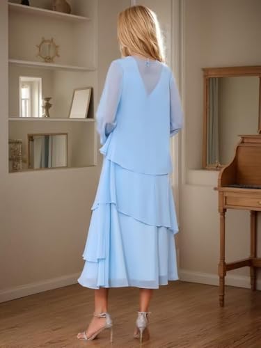 Mother of The Bride Dresses with Jacket Chiffon Tiered Tea Length V Neck Formal Prom Dress JH0132