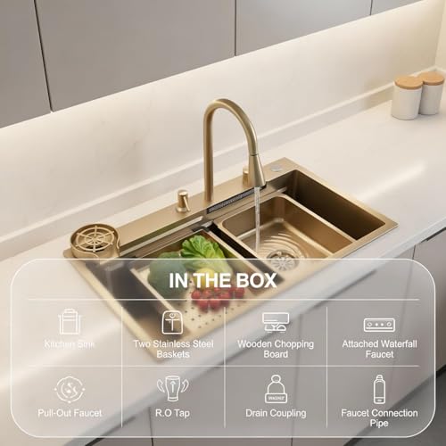 Image of Wallace 304 Grade Gold Single Bowl Multifunction Kitchen Sink 30 x 18 x 10 Inch | Stainless Steel Workstation Sink with Integrated Waterfall Cup Washer Drain Basket RO Tap & Pull Down Faucet