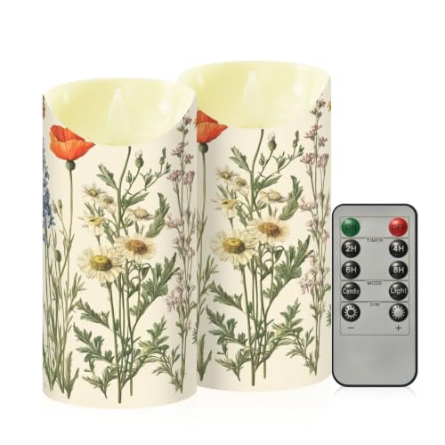 Ewusp Juego de 2 velas sin llama con diseño de mariposas y flores silvestres, funciona con pilas, con control remoto y temporizador, para decoración del hogar, bodas, vacaciones, fiestas, centros de
