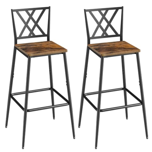 Juego de 2 Butacos Altos para Barra, con Respaldo y Reposapiés, Estilo Industrial, Marco de Metal, Capacidad de Carga Pesada, Marrón Rústico y Negro