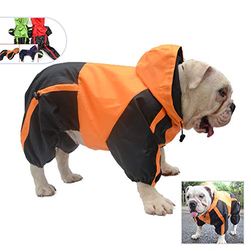 Lovelonglong American Bully Pitbull Dog Hooded Raincoat, Bulldog Rain Jacket Poncho Waterproof Clothes with Hood Breathable 4 Feet Four Legs Rain Coats for Pugs English French Bulldog Orange B-XL