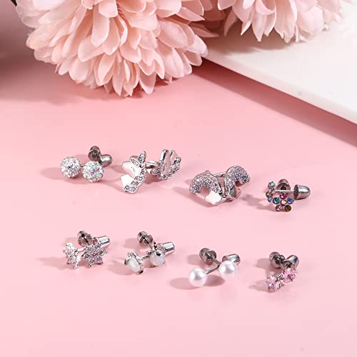 Jstyle 8 Pairs Cute Screw Back Earrings For Girls Women Pink Cz Heart Unicorn Stud Earrings Stainless Steel Flower Ball Screwback Earrings Set #TOP5