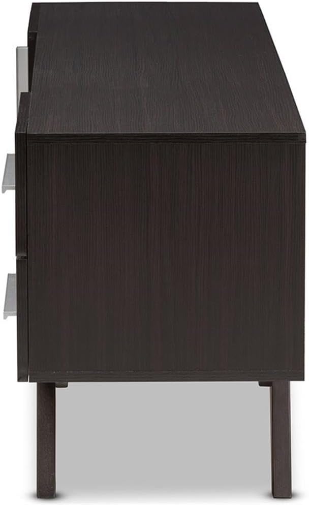BOWERY HILL 60" Mid-Century Modern TV Stand Console, Engineered Wood and MDF, Dark Brown Finish, 2 Drawers, Open Shelves, Solid Wood Legs, Entertainment Center for Living Room
