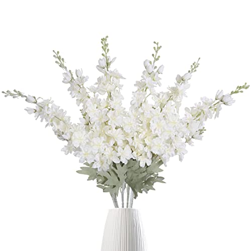 IPOPU 6pcs Delphinium Artificial Flowers White Larkspur Artificial Flowers, 33.5in Fake Flowers Bulk Silk Flowers with Stems Real Look for Home Garden Wedding Arrangement Decor(White)