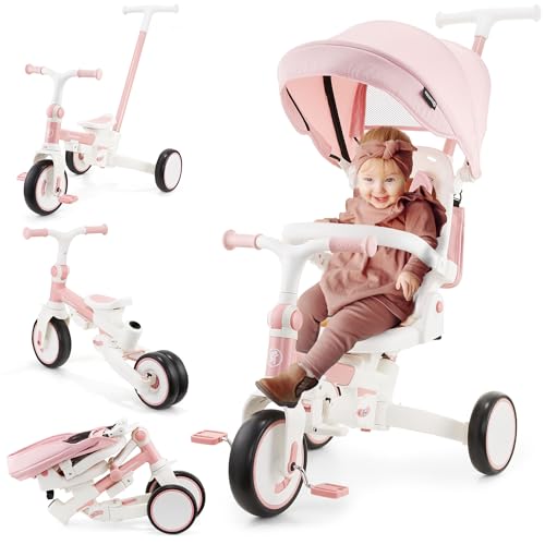 HyperMotion Triciclo Evolutivo 8 en 1 Rosa – Triciclo Bebe Plegable y Reclinable con Asiento 360° y Capota – Arnés, Barra de Empuje – Trike para Niñas de 1 a 5 Años