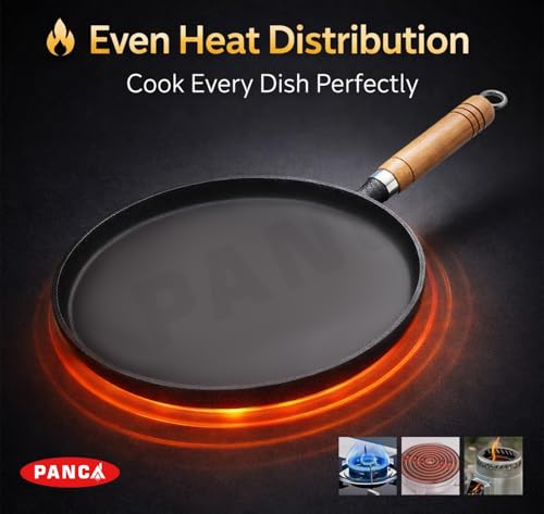 Image of PANCA Cast Iron Tawa 24cm Pre-Seasoned - Non Stick Iron Tawa for Roti, Dosa, Chapati | Induction & Gas Compatible Flat with Wooden Handle | Heavy Duty Cast Iron Cookware (Flat Tawa)
