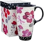 DUSVALLY 17oz Ceramic Travel Mug with Lid, Floral Coffee Mug with Handle, Large Ceramic Coffee Cup, Watercolor Flower Travel Mug, Microwave & Dishwasher Safe, Gift Box Included