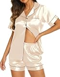 Material:Satin pajama set is crafted from premium silky satin fabric (95%Polyester+5%Spandex). Ultra-soft, silk touch,skin-smoothing feel, comfort Ekouaer sleepwear Elegant design:Short sleeve pajama tops, button down front,notch lapel collar and one...