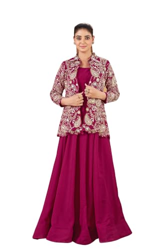 Image of Miss Ethnik Women's Maroon Vichitra Silk A-Line Gown with Heavy Embroidered Jacket - Mandarin Neck Full Sleeve Solid Maxi Dress, Festive Ethnic Wear