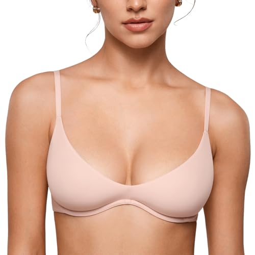 Image of INLYRIC Women's Inbarely Plus Plunge Bra Scoop Neck Unlined Underwire Sexy Demi Balconette Bras Gentle Rose 34E