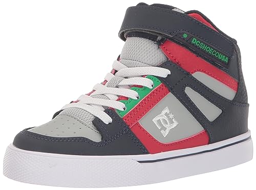 DC Boy's Pure High Top EV Skate Shoes with Ankle Strap and Elastic Laces, Heather Grey/Navy, 11 Little Kid