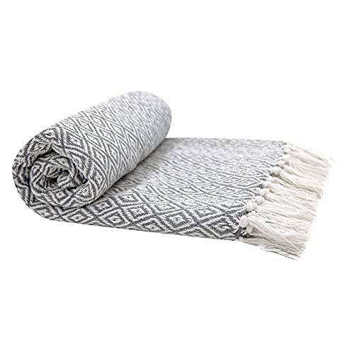 RideauDiscount Fouta, Jeté de Lit, Plaid 100% Coton 120 x 150 cm avec Franges Jacquard Micromotif Losanges Gris