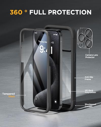 Image of Miracase Glass Series for iPhone 15 Pro Max Case 6.7 Inch, Full-Body Drop Proof Phone Case for iPhone 15 Pro Max with Built-in 9H Tempered Glass Screen Protector + Camera Protector, Black