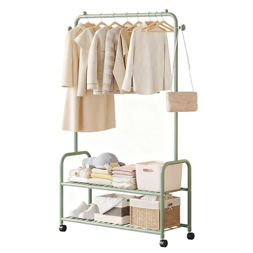GQTYBZ Portant À Vêtements avec Roulettes et Double étagère, Portant Metallique, porte-manteau sur pied Solide pour Chambre À Coucher,Salon, Facile à installer (Vert, 60 x 30 x 165cm)