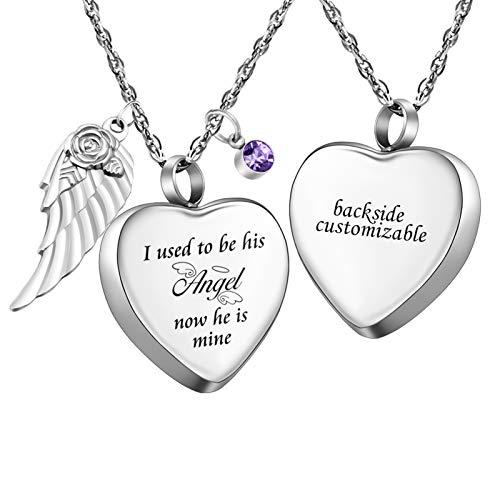 Dletay Heart Cremation Necklace for Ashes Angel Wing Urn Necklace with 12 PCS Birthstones-I Used to be His Angel, Now He/She is Mine
