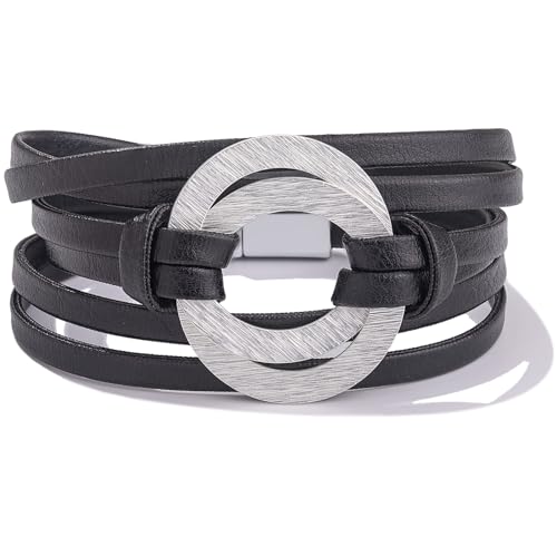 Infinity Leather Wrap Bracelets Boho Cuff Bracelets Cute Stackable Bangle with Magnetic Clasp Handmade Braid Interlock Disc Jewelry Gifts for Women(Black)
