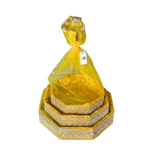 Image of (Set of 3-8 inch,10 inch,12 inch inch, Hexagon, Stone Lace, Color-Yellow) MDF Base Designer Gift Hamper Packaging Baskets with Net Cover, Gift Hamper Organiser Perfect for Any Occasion