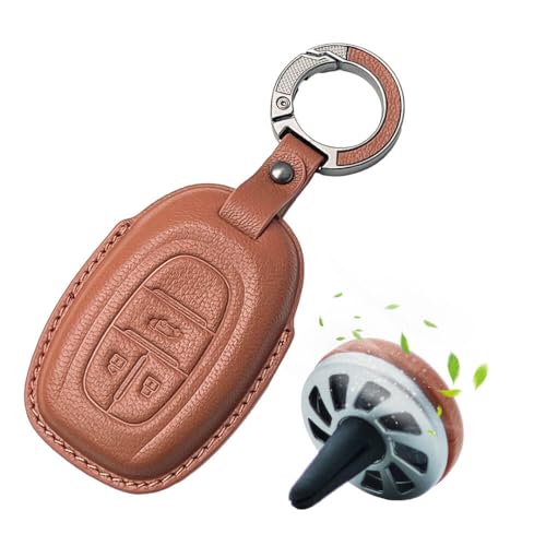 Image of Keyzone Premium Leather Key Cover & AC Vent Car Perfume Combo (4 Fragrances) | Compatible for MG Gloster 3 Button Smart Key. (Brown)
