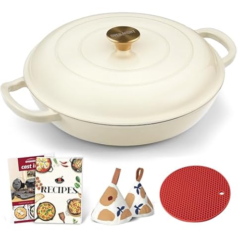Overmont White Cast Iron Casserole with Lid Cover