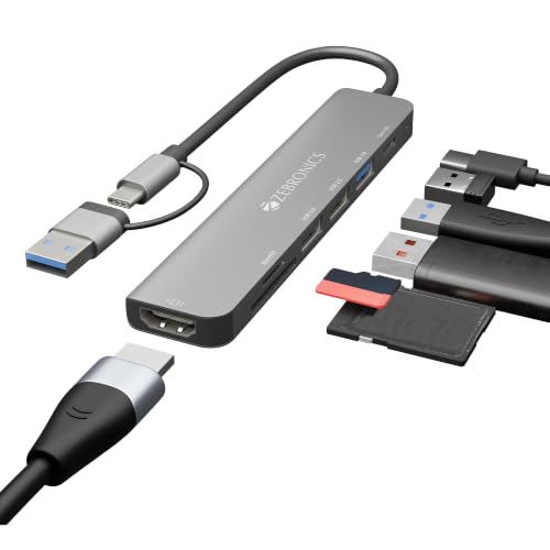 Image of Zebronics CT71 7-in-1 USB Hub, Dual Interface (USB & Type-C), 4K HDMI, 100W Type-C PD Charging, 5Gbps Transfer Speed, USB 3.0 5Gbps, Dual USB 2.0, microSD, Metal Body, LED Indicator