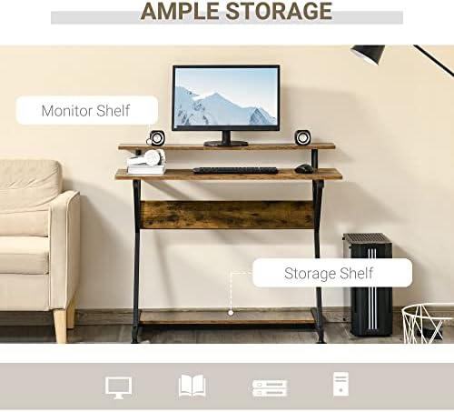 HOMCOM Compact Computer Table, Z Shape Desk with Monitor Shelf and Storage for Home Office, 100cm, Brown