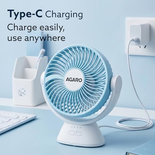 Image of AGARO Delight Rechargeable Mini Desk Fan, Portable, Type-C Charging, 3 Speed Modes, 360 Adjustable Tilt, LED Night Light, Up to 9 Hours Runtime, Quiet Table Fan, Home and Office
