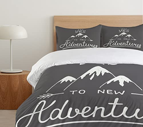 Ambesonne Adventure Duvet Cover Set, Say Yes To New Adventures Typographic Words Scribble Mountains, Decorative 3 Piece Bedding Set With 2 Pillow Shams, Queen Size, Charcoal Grey And White #TOP4