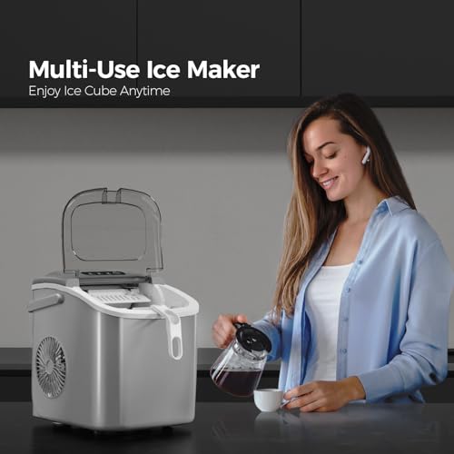 Image of Crzoe Countertop Ice Maker Machine with Handle,26Lbs /24H,9 Cubes Ready in 6 Mins,Self-Cleaning Function with Ice Scoop and Basket for Home /Office(Grey)