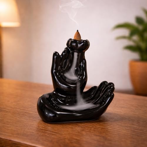 Image of CraftVatika Home Decoration Items for Home, Backflow Incense Burner Hand Shape Ceramic Incense Holder for Meditation Yoga Pooja, Zen Aromatherapy House Decor Showpiece Gift Item for Living Room Office