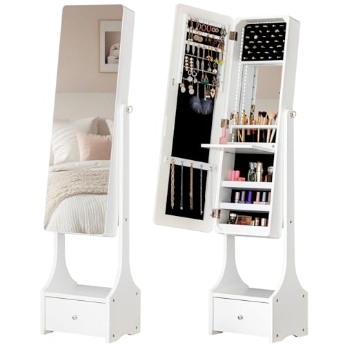 BTEXPERT Mirror Jewelry Cabinet Standing, Large Storage Jewelry Armoire, Full-Length Frameless Mirror with Jewelry Storage, 12 LED Lockable Standing Jewelry Organizer White