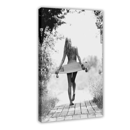 Toile planche de surf noir et blanc déco murale vintage haut de gamme