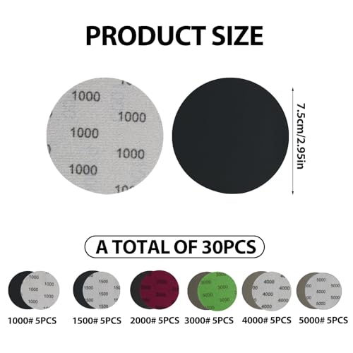 30er Pack Schleifscheiben 75mm, Klett-Schleifpads, Nass- und Trockenschleifpapier, Körnung 1000/1500/2000/3000/4000/5000, Rund ohne Loch, für Metall, Holz, Glas, Autopolitur