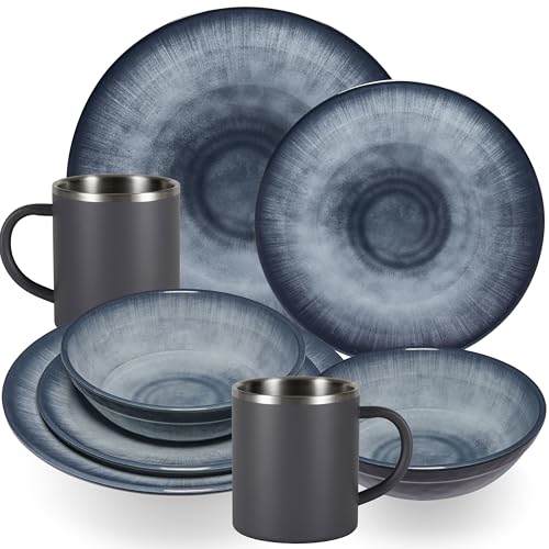 Jesolo Set de vaisselle en mélamine pour 2 personnes – 8 pièces – avec tasses en acier inoxydable gris aspect grès passe au lave-vaisselle Vaisselle de camping caravane camping festival