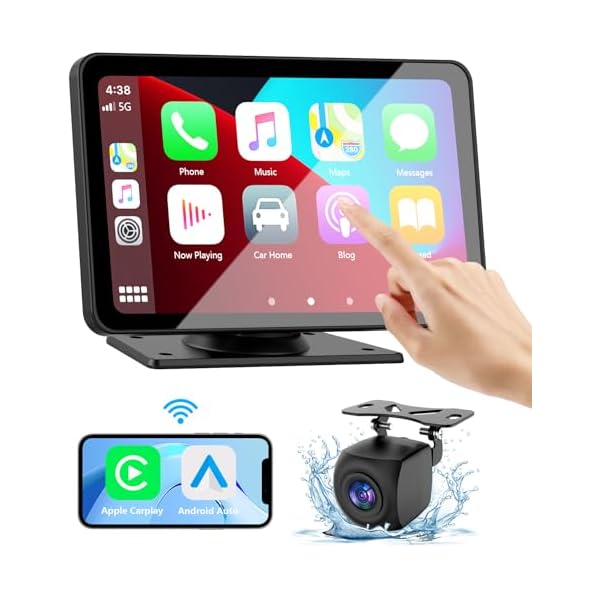 Apple Carplay Screen for Car, 7″ HD Portable Car Stereo Touch Screen with Wireless Android Auto, Backup Camera, Car Audio Receivers with Voice Control, Mirror Link, Bluetooth, GPS Navigation