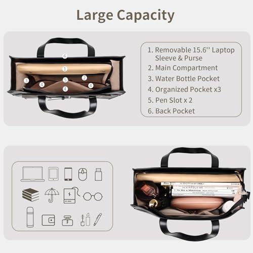 ESTARER Women's Laptop Leather Bag, 15.6 Inch Teacher Tote Bag with Removable Laptop Sleeve, Large Water-Resistant Shoulder Laptop Bag for Work/Travel/Office (3Pcs, Black)4