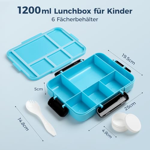 HASA zone Auslaufsichere Brotdose Kinder mit Fächern 1200 ML, Lunchbox Kinder mit 6 Fächern, Bento Box Kindergarten mit Besteck, Separat Soßenbehälter, Blau