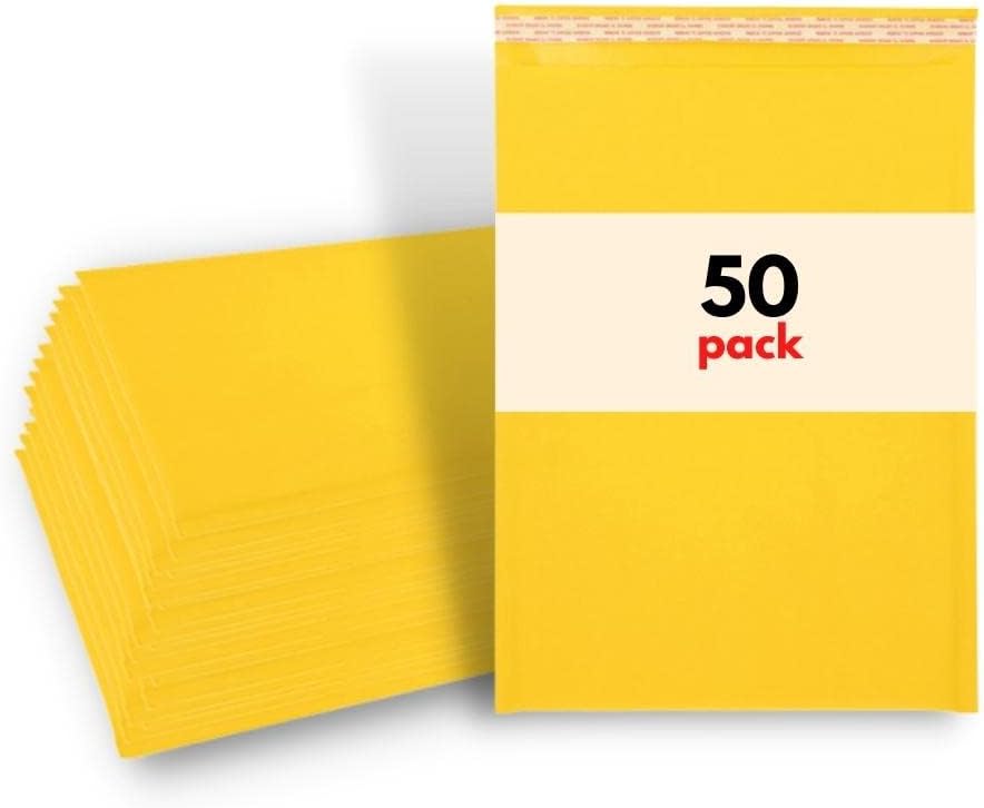 PSBM #7 50 PCS 14.25 x 20 Inch Kraft Bubble Mailers, Yellow Padded Envelopes, Self-Sealing Peel-Off Strip, Ideal for Shipping CD, DVD, Jewelry, Photos, Magazine, Books, Clothes and More