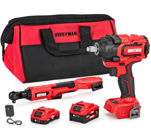Alloyman 20v 3/8 Cordless Ratchet Wrench 44 ft-lbs (60 Nm) and 1/2 Brushless Impact Wrench 516 ft-lbs(700 Nm) Combo Set with Variable Speed LED Light 4.0Ah &2.0Ah Battery Charger
