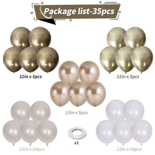 Champagne Gold and White Balloons, 12 Inch Double Stuffed Pearl White Sand Gold Metallic Balloons Wedding Beige Cream Latex Balloon for Boho Bridal Shower Birthday Bachelorette Engagement Party Decor by Paeyeq - Used condition - Image 2