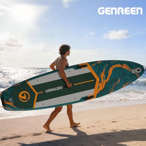 GENREEN Stand-Up Paddle Boards, 11ft Inflatable Paddle Board with SUP Accessories, Non-Slip Deck, Dual PVC Layer, 3 Fin, 33 in Extra Wide Stable All-Around Paddleboard for Youth & Adults(Jungle Green)