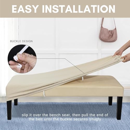 Image of SearchI Waterproof Dining Bench Cover, Stretch Washable Long Bench Seat Covers, Rectangle Dining Table Bench Slipover for Dining Room, Living Room, Kitchen(Beige Jacquard)