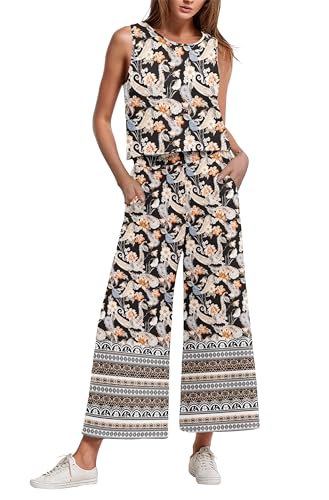 IWOLLENCE Women's Summer 2 Piece Outfits Set Round neck Sleeveless Tank Crop Top Wide Leg pants Set Pockets Jumpsuits Black Apricot Cashew Small