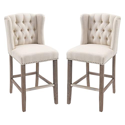 HOMCOM Counter Height Bar Stools Set of 2, Barstools Breakfast Stools with Nailhead-Trim and Tufted Back, Solid Wood Legs, Beige