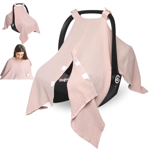 Image of Boryokun Muslin Car Seat Cover for Babies, Multi-use Nursing Cover, Breathable Infant Car Seat Canopy for Newborn (Pink)