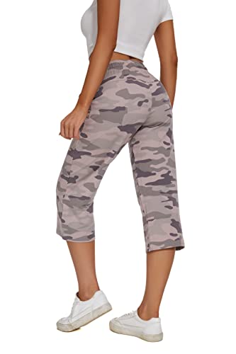 Specialmagic Women's Capri Pants Loose Yoga Cotton Capris Sweatpants 3 Pockets Wide Leg Drawstring Pajama Pants Camouflage Pink X-Large #TOP1